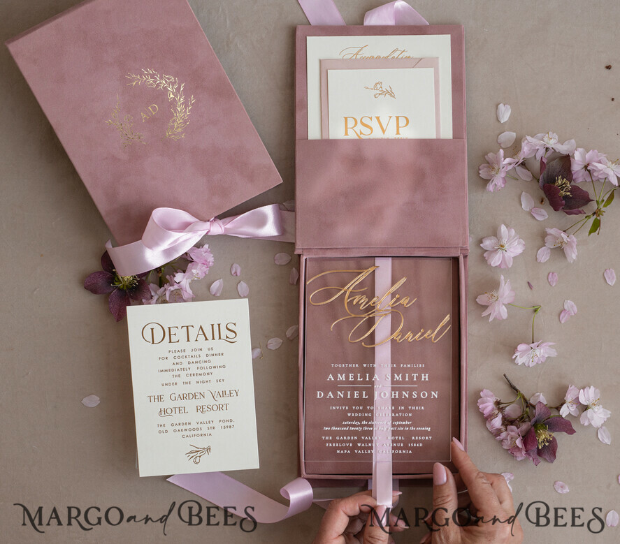WEDDING INVITATIONS Invitations for VIP/ boxed Invites for Parents Blush Pink Boxed Wedding Invitation set ,3D Golden Plexi Wedding Invitation Suite Luxury Box, Elegant Boho Velvet Wedding Cards, Bespoke Golden Invites