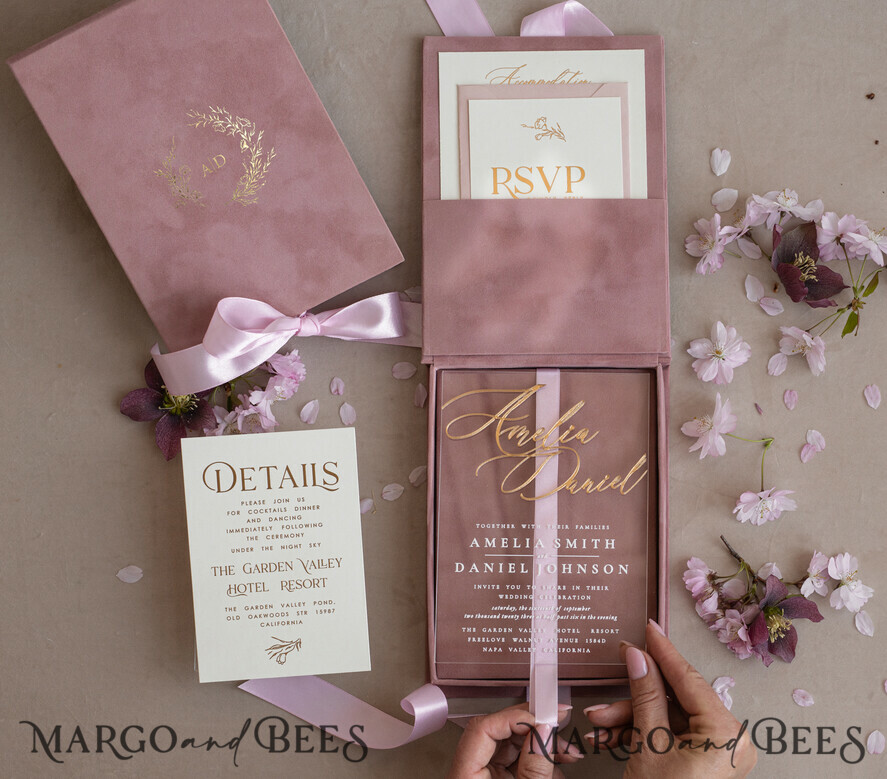 WEDDING INVITATIONS Invitations for VIP/ boxed Invites for Parents Blush Pink Boxed Wedding Invitation set ,3D Golden Plexi Wedding Invitation Suite Luxury Box, Elegant Boho Velvet Wedding Cards, Bespoke Golden Invites