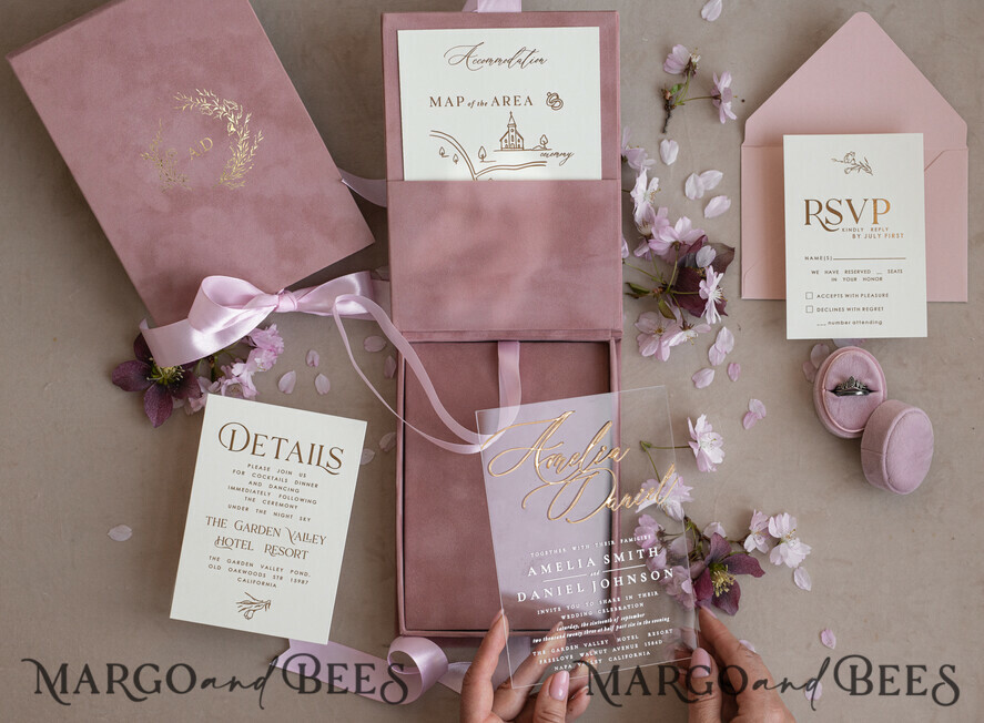 WEDDING INVITATIONS Invitations for VIP/ boxed Invites for Parents Blush Pink Boxed Wedding Invitation set ,3D Golden Plexi Wedding Invitation Suite Luxury Box, Elegant Boho Velvet Wedding Cards, Bespoke Golden Invites