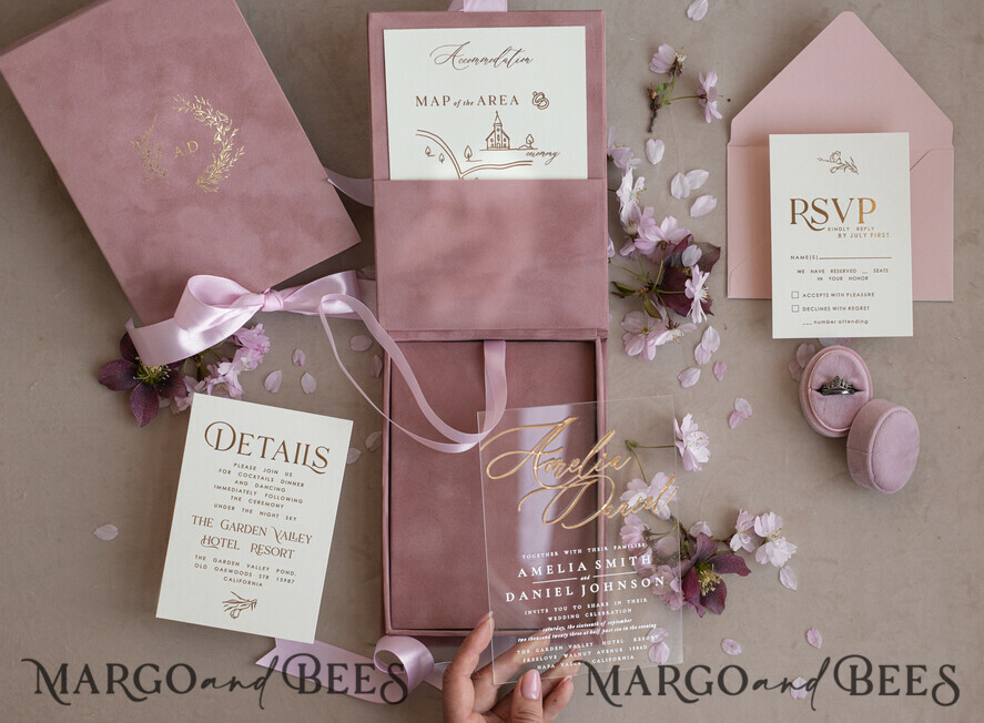 WEDDING INVITATIONS Invitations for VIP/ boxed Invites for Parents Blush Pink Boxed Wedding Invitation set ,3D Golden Plexi Wedding Invitation Suite Luxury Box, Elegant Boho Velvet Wedding Cards, Bespoke Golden Invites