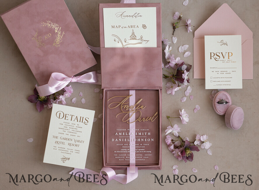 WEDDING INVITATIONS Invitations for VIP/ boxed Invites for Parents Blush Pink Boxed Wedding Invitation set ,3D Golden Plexi Wedding Invitation Suite Luxury Box, Elegant Boho Velvet Wedding Cards, Bespoke Golden Invites
