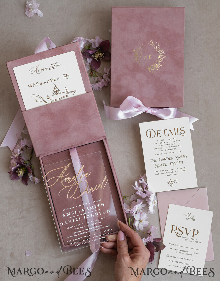 WEDDING INVITATIONS Invitations for VIP/ boxed Invites for Parents Blush Pink Boxed Wedding Invitation set ,3D Golden Plexi Wedding Invitation Suite Luxury Box, Elegant Boho Velvet Wedding Cards, Bespoke Golden Invites