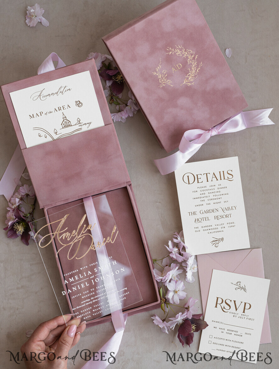 WEDDING INVITATIONS Invitations for VIP/ boxed Invites for Parents Blush Pink Boxed Wedding Invitation set ,3D Golden Plexi Wedding Invitation Suite Luxury Box, Elegant Boho Velvet Wedding Cards, Bespoke Golden Invites