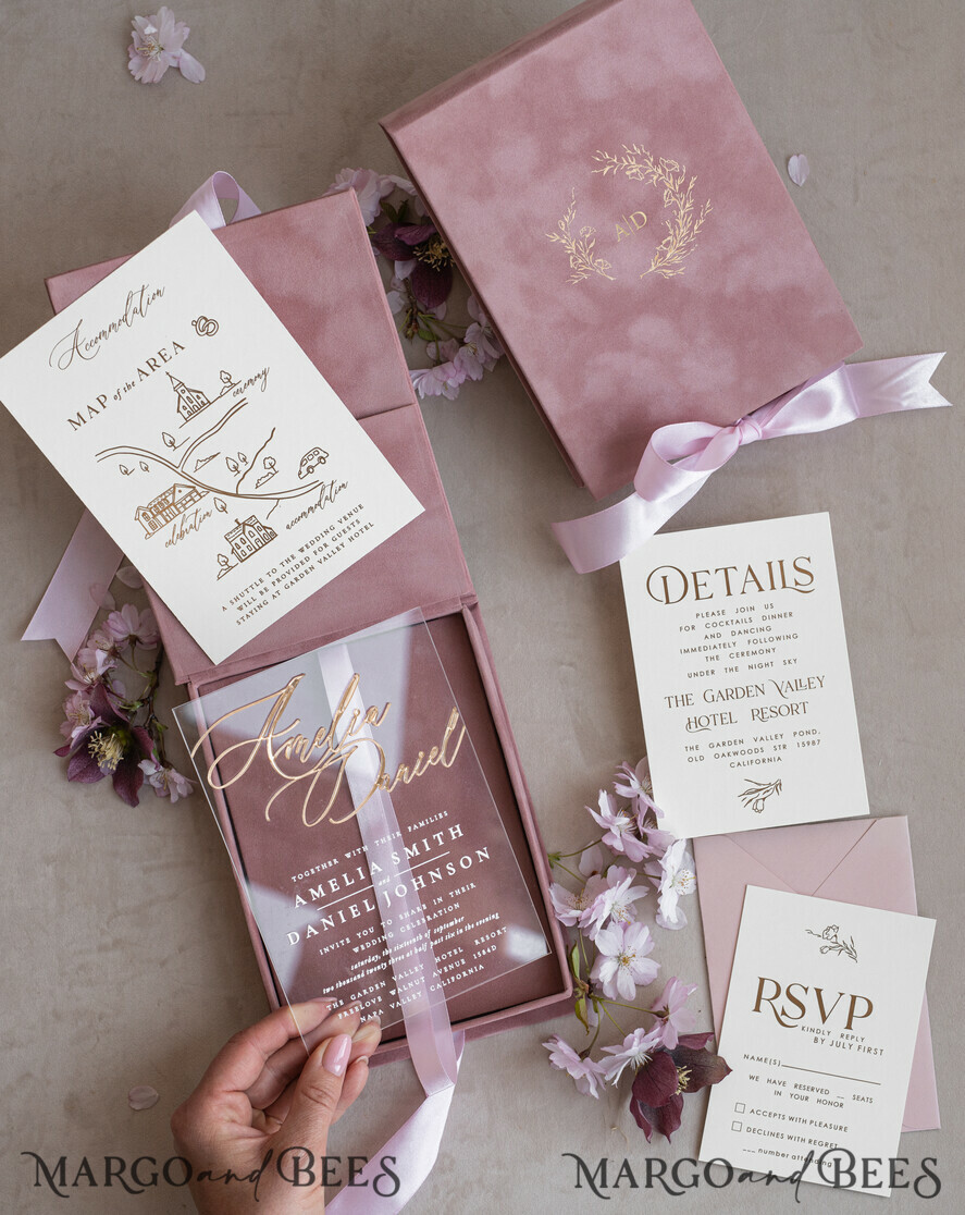WEDDING INVITATIONS Invitations for VIP/ boxed Invites for Parents Blush Pink Boxed Wedding Invitation set ,3D Golden Plexi Wedding Invitation Suite Luxury Box, Elegant Boho Velvet Wedding Cards, Bespoke Golden Invites