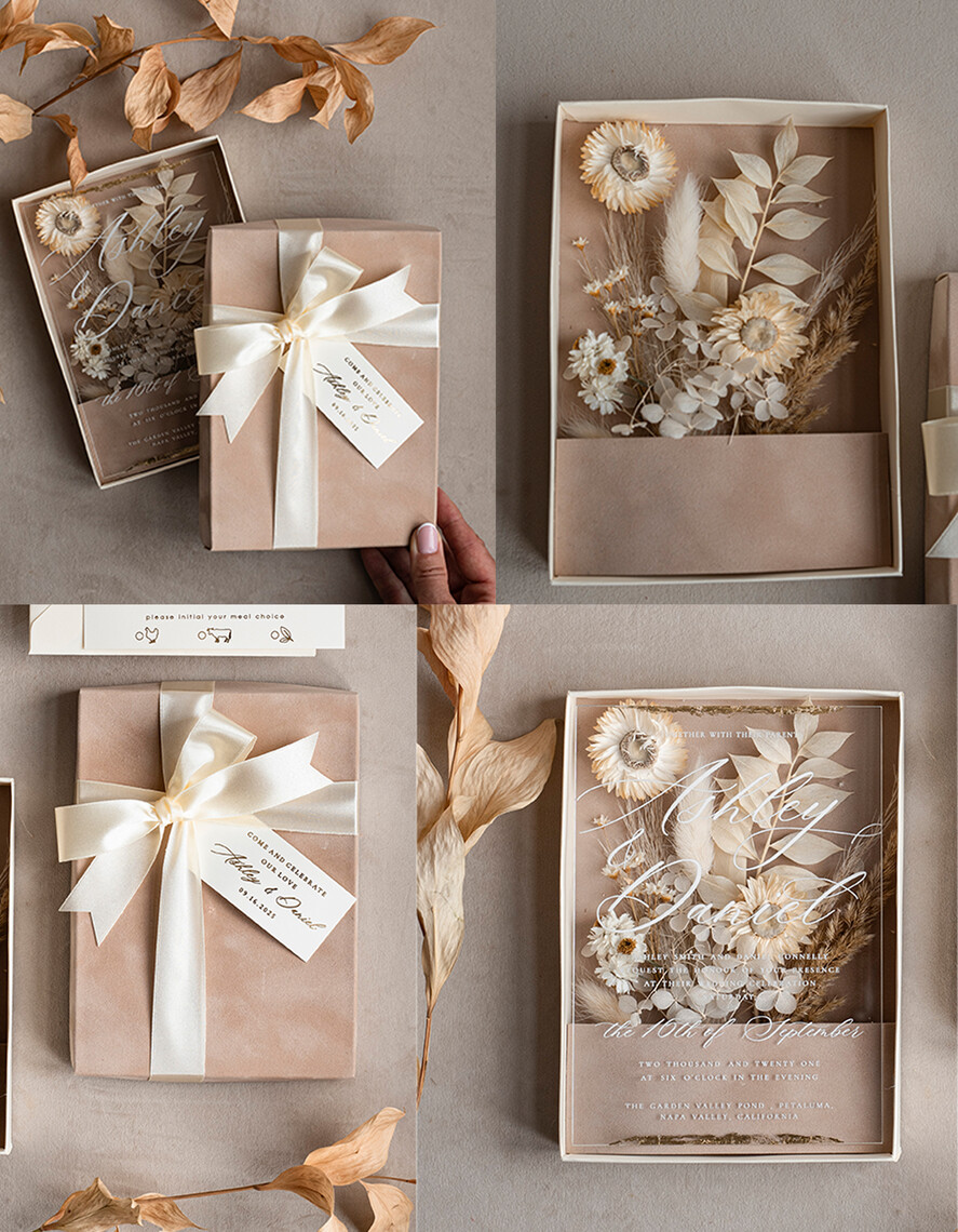 WEDDING INVITATIONS Invitations for VIP/ boxed Invites for Parents Natural Dried Flowers Wedding Invitations in velvet box, Plexi Glamour Boxed Wedding Invitation Suite Luxury, Romantic Velvet Wedding Cards, Bespoke Golden Invites