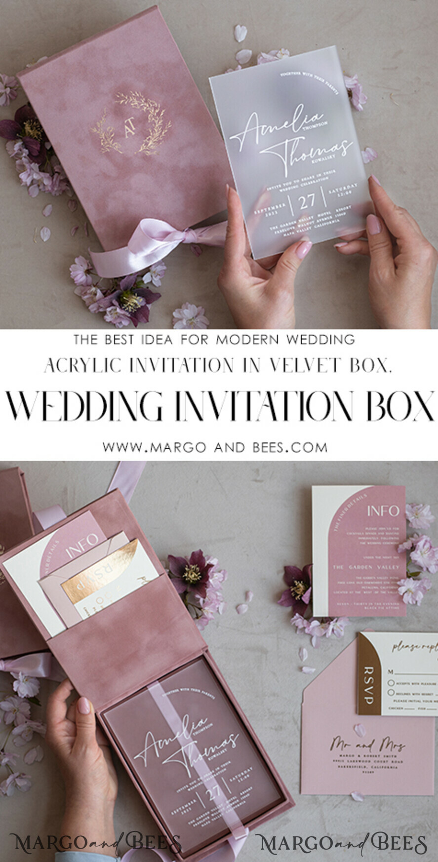WEDDING INVITATIONS Invitations for VIP/ boxed Invites for Parents Acrylic Wedding Invitations in velvet box, Frozen Plexi Glamour Wedding Invitation Suite Luxury Box, Elegant Velvet Wedding Cards, Bespoke Golden Invites