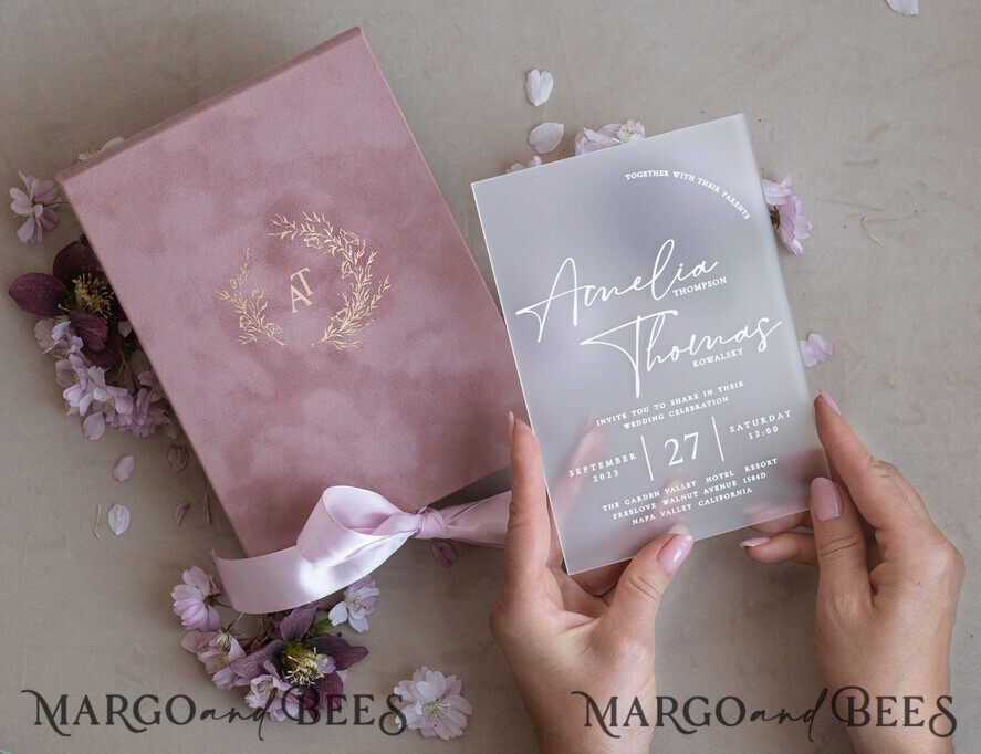 WEDDING INVITATIONS Invitations for VIP/ boxed Invites for Parents Acrylic Wedding Invitations in velvet box, Frozen Plexi Glamour Wedding Invitation Suite Luxury Box, Elegant Velvet Wedding Cards, Bespoke Golden Invites