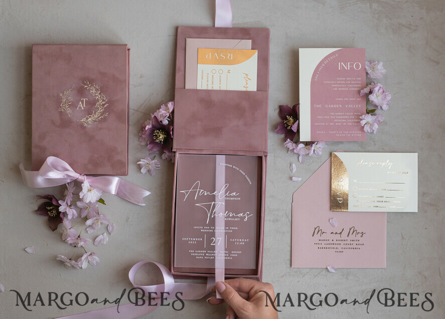 WEDDING INVITATIONS Invitations for VIP/ boxed Invites for Parents Acrylic Wedding Invitations in velvet box, Frozen Plexi Glamour Wedding Invitation Suite Luxury Box, Elegant Velvet Wedding Cards, Bespoke Golden Invites