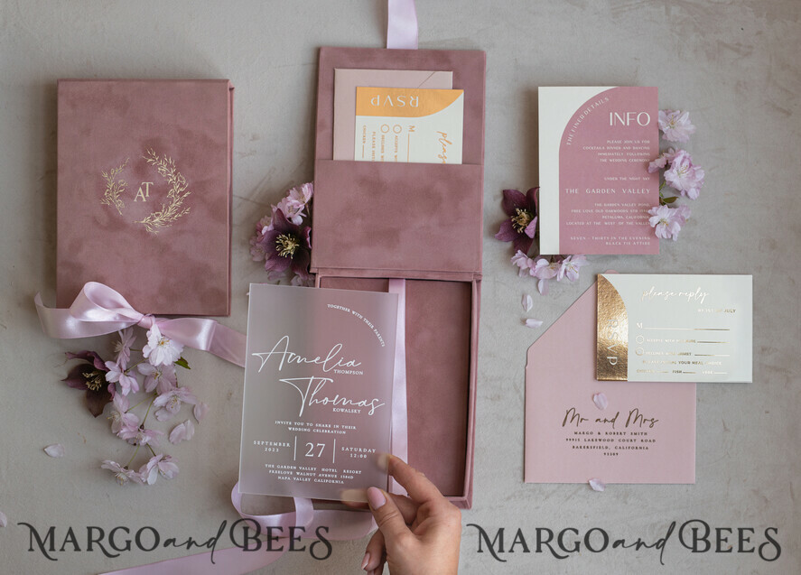 WEDDING INVITATIONS Invitations for VIP/ boxed Invites for Parents Acrylic Wedding Invitations in velvet box, Frozen Plexi Glamour Wedding Invitation Suite Luxury Box, Elegant Velvet Wedding Cards, Bespoke Golden Invites