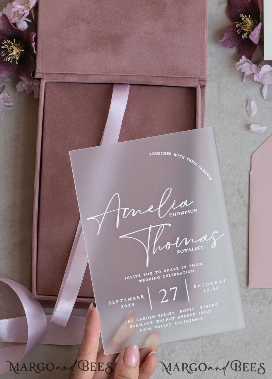 WEDDING INVITATIONS Invitations for VIP/ boxed Invites for Parents Acrylic Wedding Invitations in velvet box, Frozen Plexi Glamour Wedding Invitation Suite Luxury Box, Elegant Velvet Wedding Cards, Bespoke Golden Invites