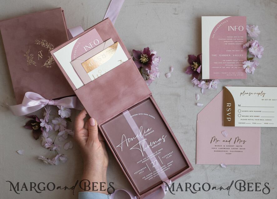 WEDDING INVITATIONS Invitations for VIP/ boxed Invites for Parents Acrylic Wedding Invitations in velvet box, Frozen Plexi Glamour Wedding Invitation Suite Luxury Box, Elegant Velvet Wedding Cards, Bespoke Golden Invites