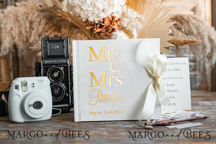 WEDDING GUEST BOOKS Velvet Instax Guestbook elegant Ivory Gold Instax Wedding GuestBook, Large Instant Velvet Wedding Guest Book, Polaroid velvet Guestbook Golden wedding