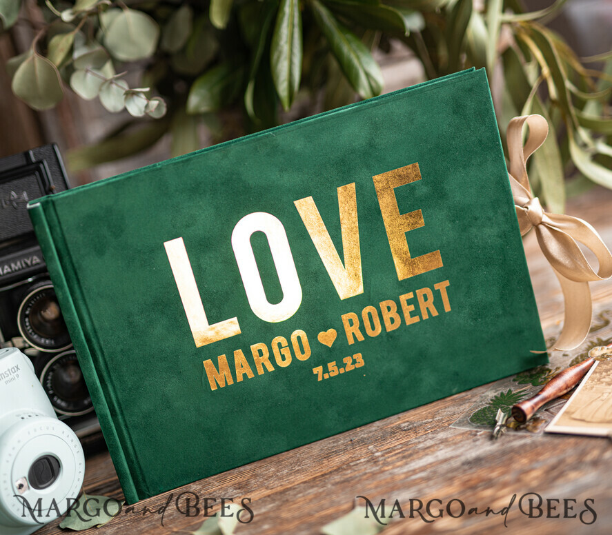 WEDDING GUEST BOOKS Velvet Instax Guestbook Luxury Emeral Green Instax velvet Wedding GuestBook Gold, Large Instant Wedding Guest Book, Greenery Gold Polaroid velvet Guestbook