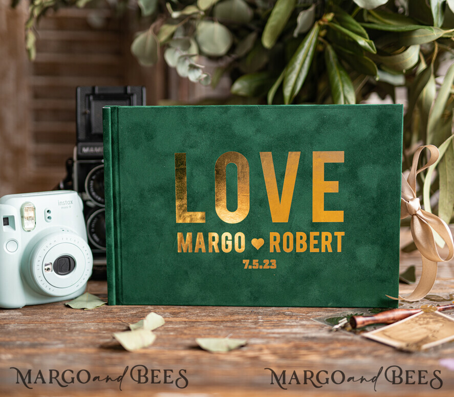 WEDDING GUEST BOOKS Velvet Instax Guestbook Luxury Emeral Green Instax velvet Wedding GuestBook Gold, Large Instant Wedding Guest Book, Greenery Gold Polaroid velvet Guestbook