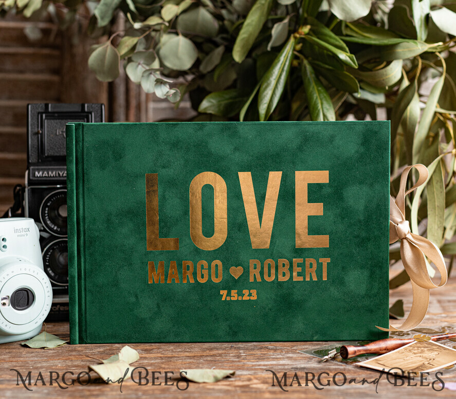 WEDDING GUEST BOOKS Velvet Instax Guestbook Luxury Emeral Green Instax velvet Wedding GuestBook Gold, Large Instant Wedding Guest Book, Greenery Gold Polaroid velvet Guestbook