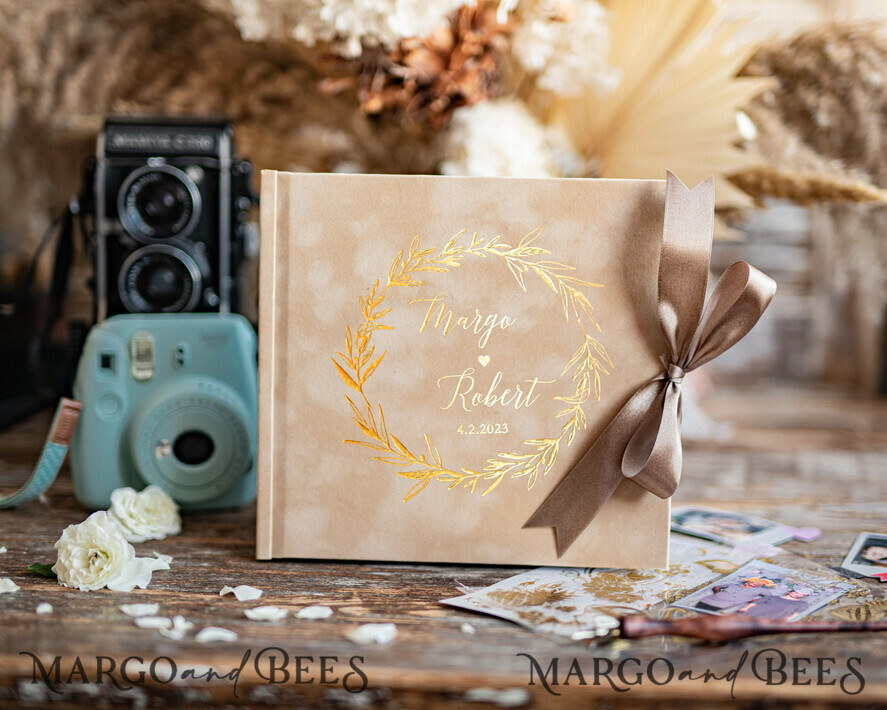 HOCHZEITS-GÄSTEBÜCHER Samtkissen Instax Gästebuch Boho Nude Instax Samt Hochzeits-Gästebuch Gold, Großes Sofort-Hochzeits-Gästebuch, Polaroid Samt-Gästebuch Beige Golden Hochzeit