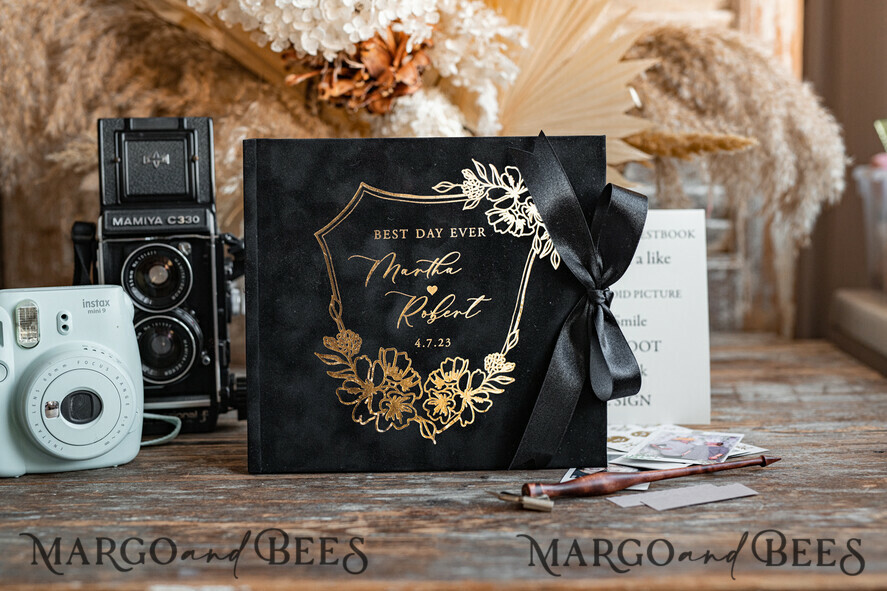 WEDDING GUEST BOOKS Velvet Instax Guestbook Black Boho Instax velvet Wedding GuestBook Gold, Black Instant Wedding Guest Book, Polaroid velvet Guestbook Black Golden wedding