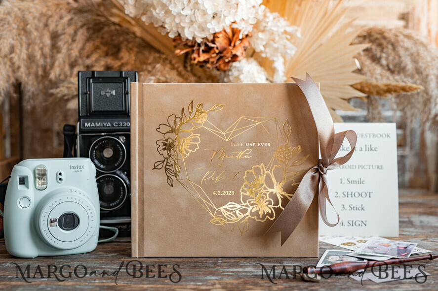 WEDDING GUEST BOOKS Velvet Instax Guestbook Beige Boho Instax velvet Wedding GuestBook Gold, Nude Instant Wedding Guest Book, Polaroid velvet Guestbook Taupe Golden wedding