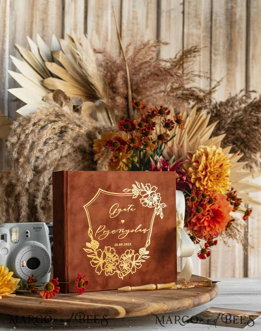 WEDDING GUEST BOOKS Velvet Instax Guestbook terracotta Gold Presonalised Wedding Guest Book, Velvet Memory Photo Booh Book, Fall Wedding, Polaroid velvet Guest book