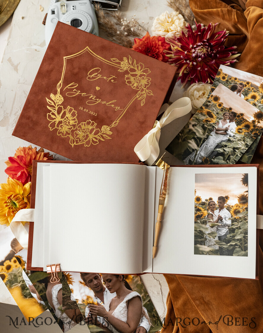 WEDDING GUEST BOOKS Velvet Instax Guestbook terracotta Gold Presonalised Wedding Guest Book, Velvet Memory Photo Booh Book, Fall Wedding, Polaroid velvet Guest book