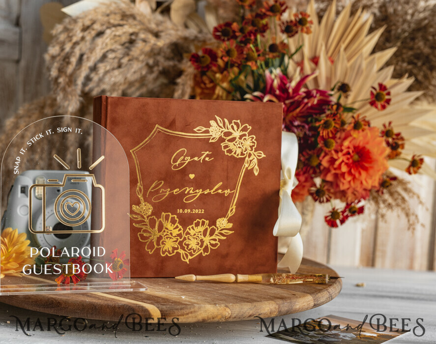 WEDDING GUEST BOOKS Velvet Instax Guestbook terracotta Gold Presonalised Wedding Guest Book and arch acrylic Instax Sign, Velvet Memory Photo Booh Book and Clear Sign Set Fall Wedding, Polaroid velvet Guest book & Plexi Instax Sign set