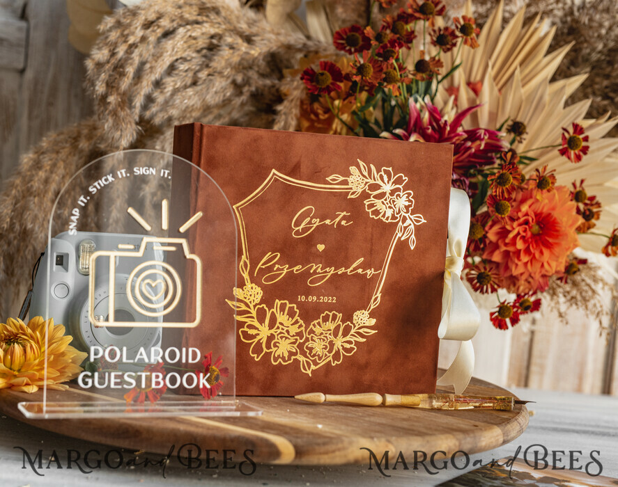 WEDDING GUEST BOOKS Velvet Instax Guestbook terracotta Gold Presonalised Wedding Guest Book and arch acrylic Instax Sign, Velvet Memory Photo Booh Book and Clear Sign Set Fall Wedding, Polaroid velvet Guest book & Plexi Instax Sign set