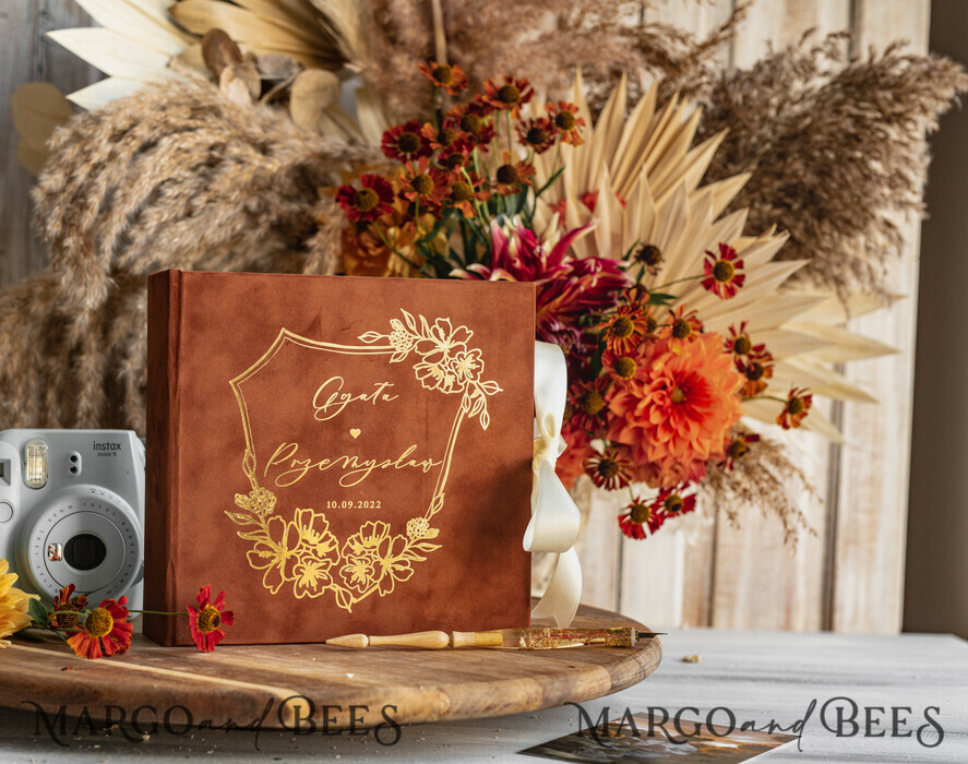 WEDDING GUEST BOOKS Velvet Instax Guestbook terracotta Gold Presonalised Wedding Guest Book and arch acrylic Instax Sign, Velvet Memory Photo Booh Book and Clear Sign Set Fall Wedding, Polaroid velvet Guest book & Plexi Instax Sign set