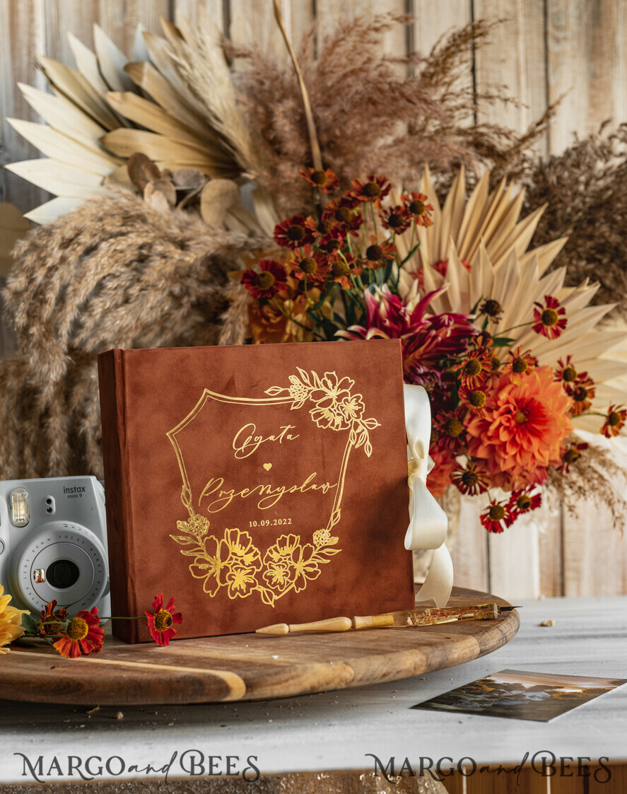 WEDDING GUEST BOOKS Velvet Instax Guestbook terracotta Gold Presonalised Wedding Guest Book and arch acrylic Instax Sign, Velvet Memory Photo Booh Book and Clear Sign Set Fall Wedding, Polaroid velvet Guest book & Plexi Instax Sign set