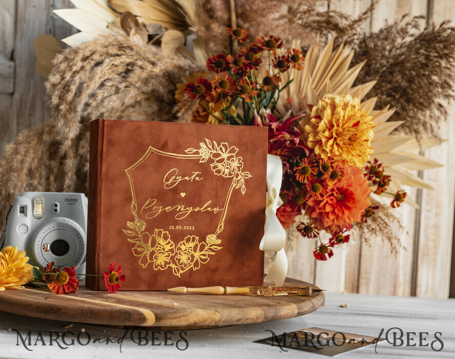 WEDDING GUEST BOOKS Velvet Instax Guestbook terracotta Gold Presonalised Wedding Guest Book and arch acrylic Instax Sign, Velvet Memory Photo Booh Book and Clear Sign Set Fall Wedding, Polaroid velvet Guest book & Plexi Instax Sign set
