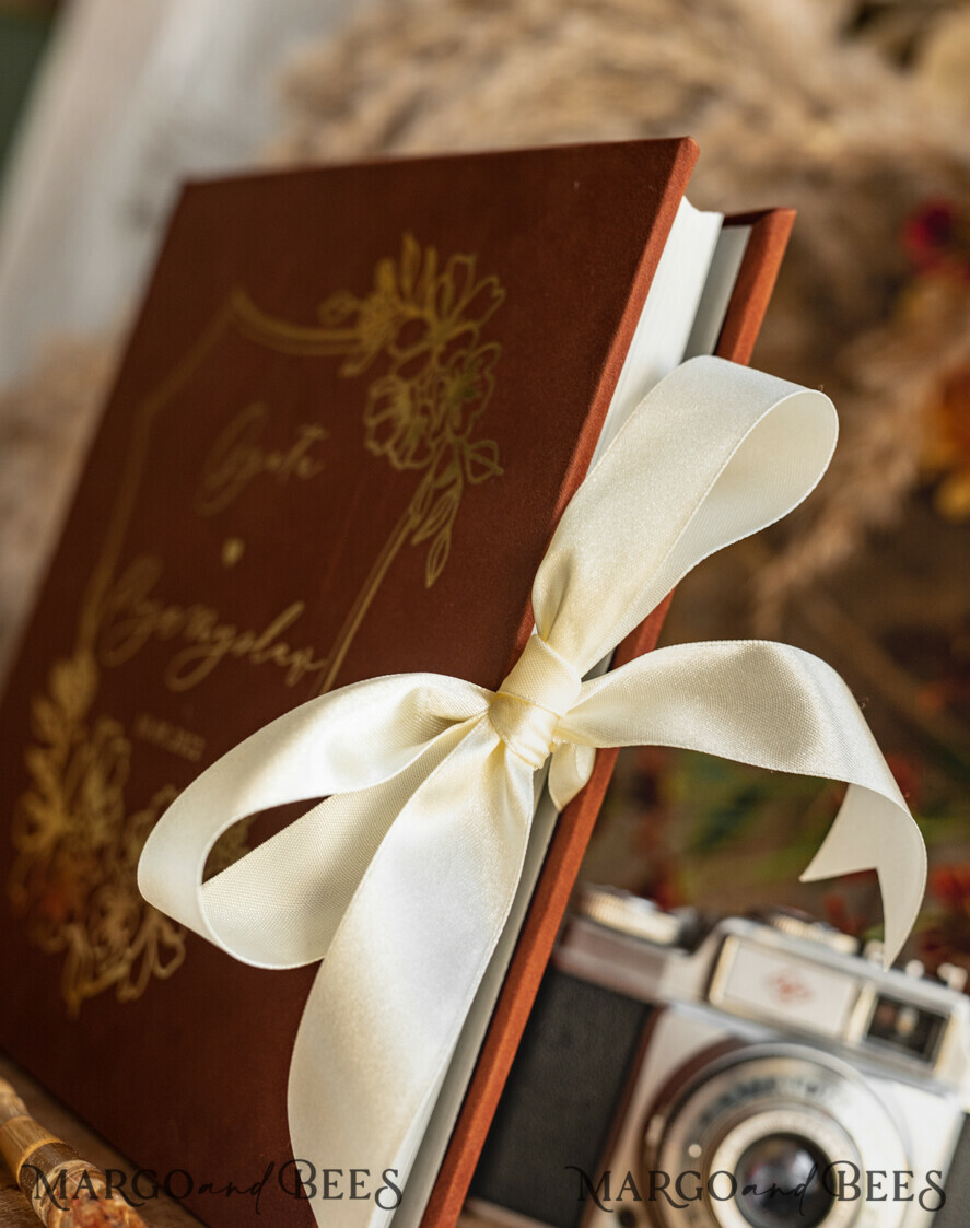 WEDDING GUEST BOOKS Velvet Instax Guestbook terracotta Gold Presonalised Wedding Guest Book and arch acrylic Instax Sign, Velvet Memory Photo Booh Book and Clear Sign Set Fall Wedding, Polaroid velvet Guest book & Plexi Instax Sign set
