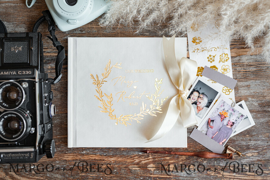 WEDDING GUEST BOOKS Velvet Instax Guestbook Minimalistic Ivory Instax velvet Wedding GuestBook Gold, Large Instant Wedding Guest Book, Polaroid velvet Guestbook Golden wedding