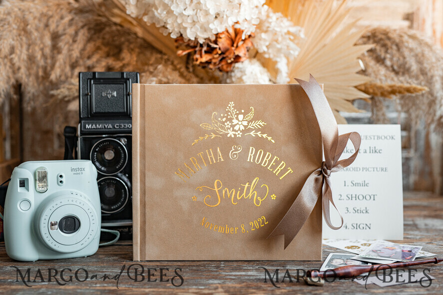 HOCHZEITS-GÄSTEBÜCHER Samtkissen Instax Gästebuch Nude Boho Instax Samt Hochzeitsgästebuch Gold, Beige Sofort-Hochzeitsgästebuch, Polaroid Samt Gästebuch Taupe Goldene Hochzeit
