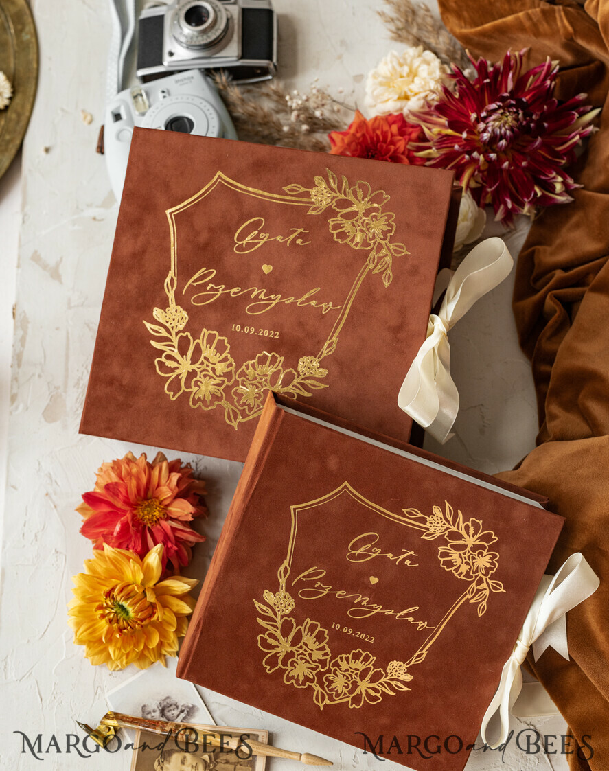 WEDDING GUEST BOOKS Velvet Instax Guestbook terracotta Gold Presonalised Wedding Guest Book, Velvet Memory Photo Fall Wedding , Luxury Wedding Guest Book, Polaroid velvet Guest book