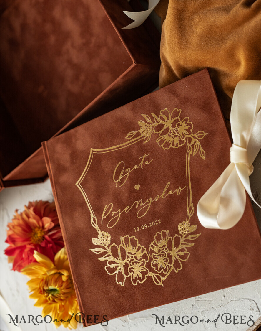 WEDDING GUEST BOOKS Velvet Instax Guestbook terracotta Gold Presonalised Wedding Guest Book, Velvet Memory Photo Fall Wedding , Luxury Wedding Guest Book, Polaroid velvet Guest book