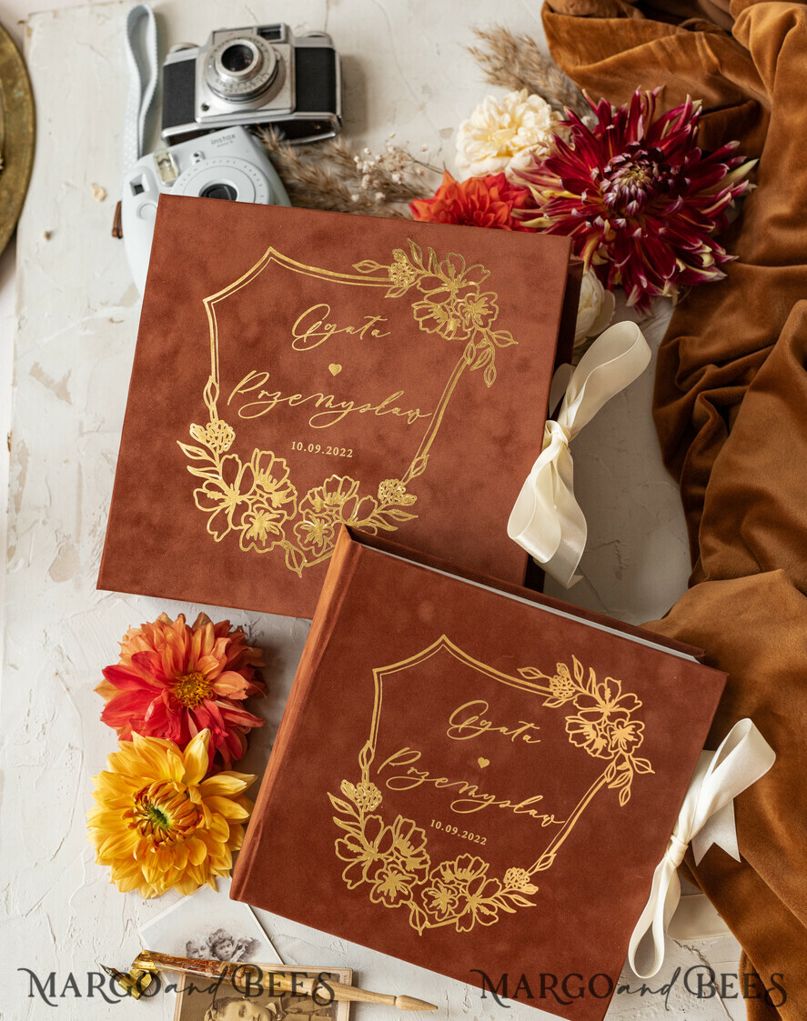 WEDDING GUEST BOOKS Velvet Instax Guestbook terracotta Gold Presonalised Wedding Guest Book, Velvet Memory Photo Fall Wedding , Luxury Wedding Guest Book, Polaroid velvet Guest book