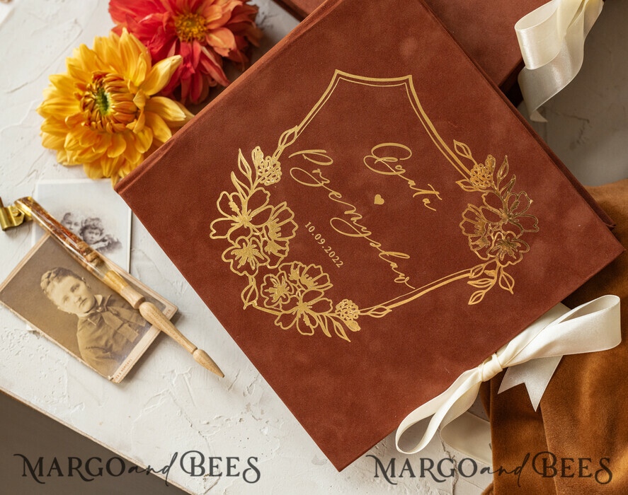 WEDDING GUEST BOOKS Velvet Instax Guestbook terracotta Gold Presonalised Wedding Guest Book, Velvet Memory Photo Fall Wedding , Luxury Wedding Guest Book, Polaroid velvet Guest book