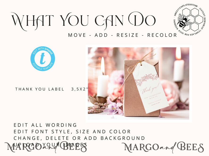 TEMPLETT wedding stationery Pink Favor Tag Template, Greenery Favor Tag Template, Editable Thank You Tag, Printable Wedding Gift Tags, Party Tags, WRoses8