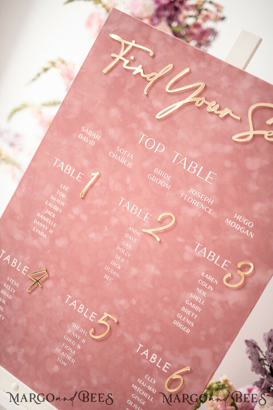 TABLE PLANS AND WEDDING WELCOME SIGNS plexi gold / velvet blush pink velvet and Gold Modern velvet Seating Chart, 3d Elegant Find Your Seat - Seating Plan , Luxury Wedding Table Plan, Wedding Decoration with golden letters - Golden Reception Signage - Custom Ceremony Sign