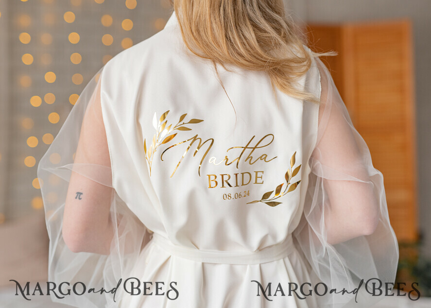 BRIDE bolero, robes, garter Bridal Robes Bridal robe for wedding with wide tulle bow sleeves Bride robe Long white robe Satin silk boudoir robe Dressing gown Bridesmaid gift