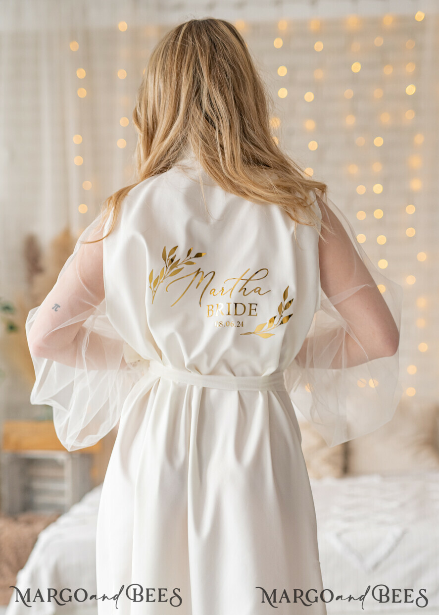 BRIDE bolero, robes, garter Bridal Robes Bridal robe for wedding with wide tulle bow sleeves Bride robe Long white robe Satin silk boudoir robe Dressing gown Bridesmaid gift