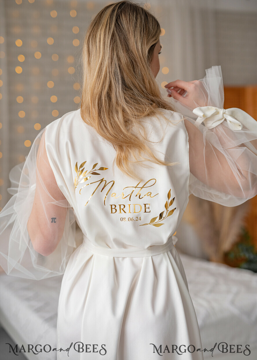 BRIDE bolero, robes, garter Bridal Robes Bridal robe for wedding with wide tulle bow sleeves Bride robe Long white robe Satin silk boudoir robe Dressing gown Bridesmaid gift