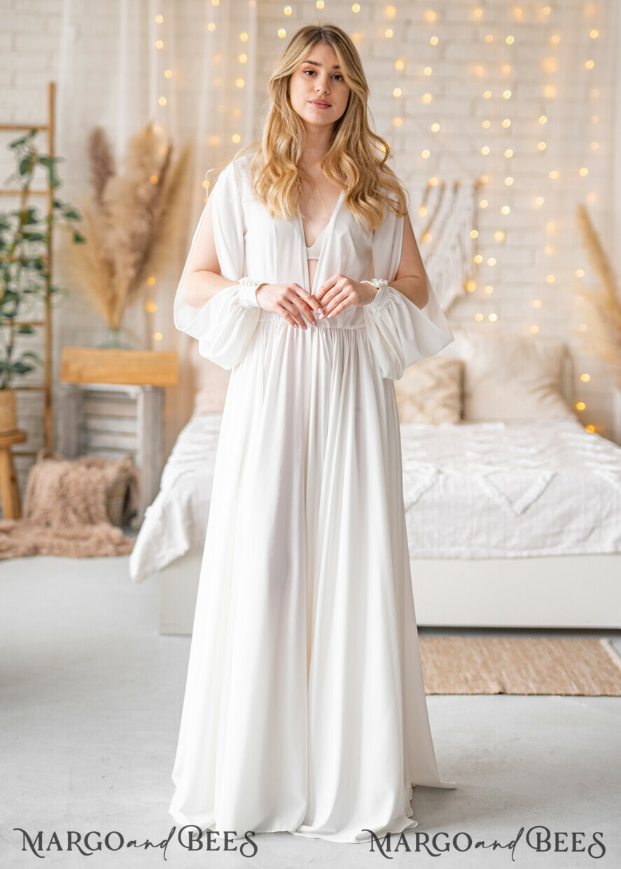 BRIDE bolero, robes, garter Bridal Robes Long Bridal robe for wedding with wide open sleeves, Silk Bride robe Long white robe Satin silk boudoir robe Dressing gown Bridesmaid gift