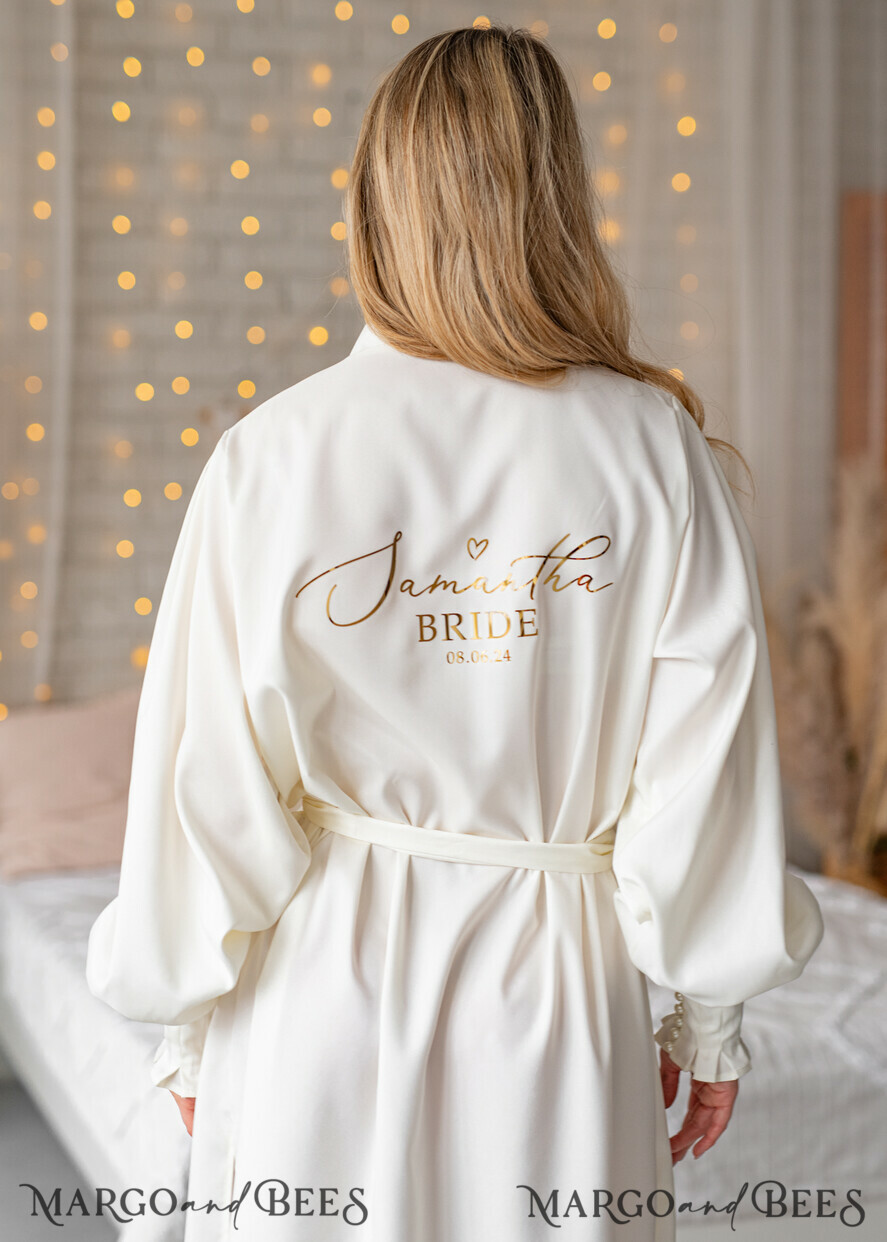 BRIDE bolero, robes, garter Bridal Robes Bridal robe for wedding with bishop sleeves Bride, Ivory Robe Long wide sleeves, puff sleeve Satin silk boudoir robe Dressing gown Bridesmaid gift