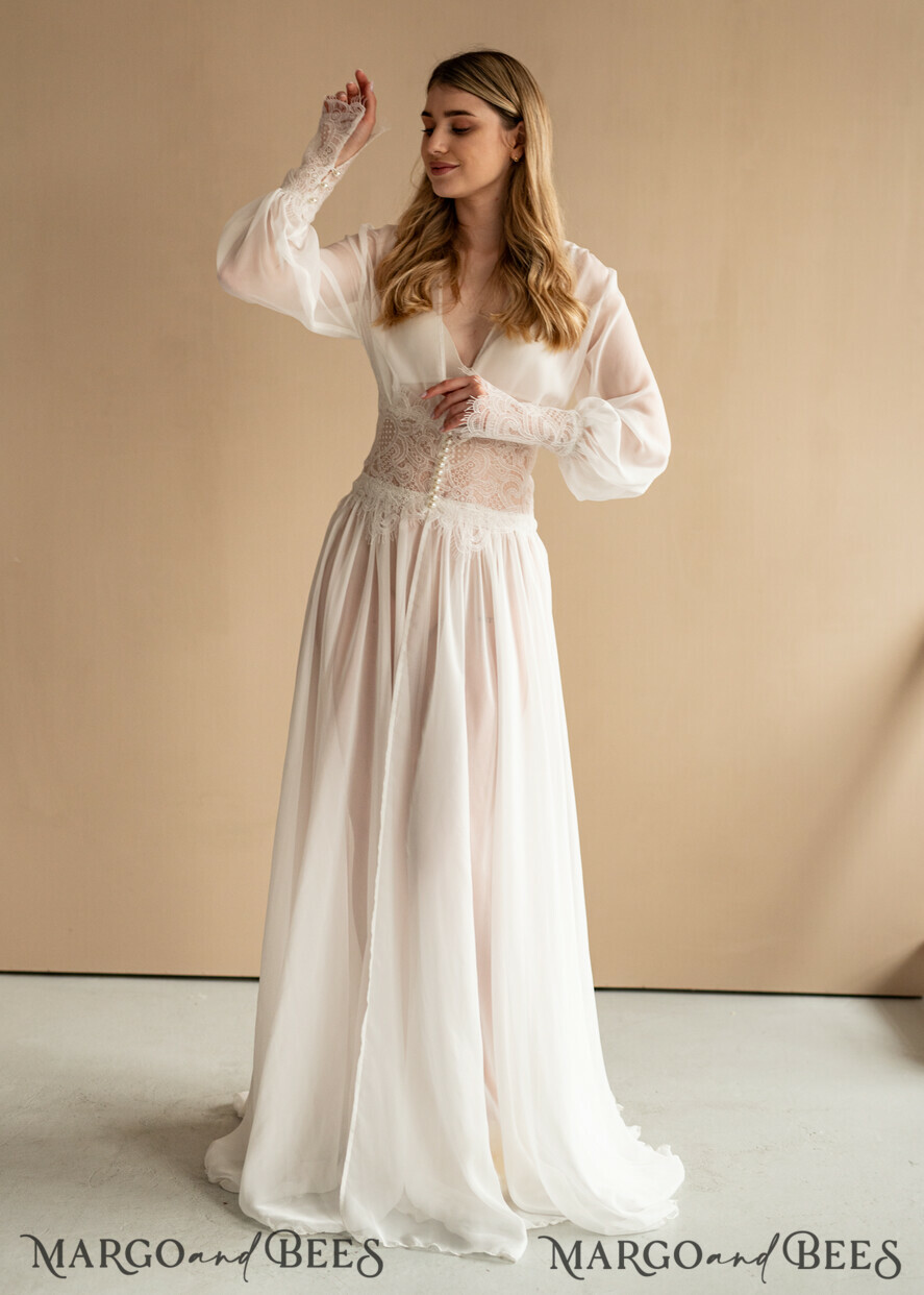 BRIDE bolero, robes, garter Bridal Robes Bridal robe for wedding with wide sleeves, Muslin Lace Bride robe , Long white or ivory robe Lace Silk boudoir robe Dressing gown Bridesmaid gift