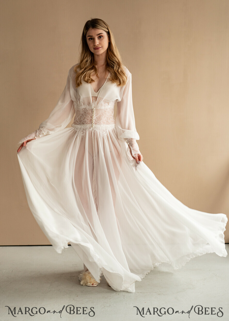 BRIDE bolero, robes, garter Bridal Robes Bridal robe for wedding with wide sleeves, Muslin Lace Bride robe , Long white or ivory robe Lace Silk boudoir robe Dressing gown Bridesmaid gift