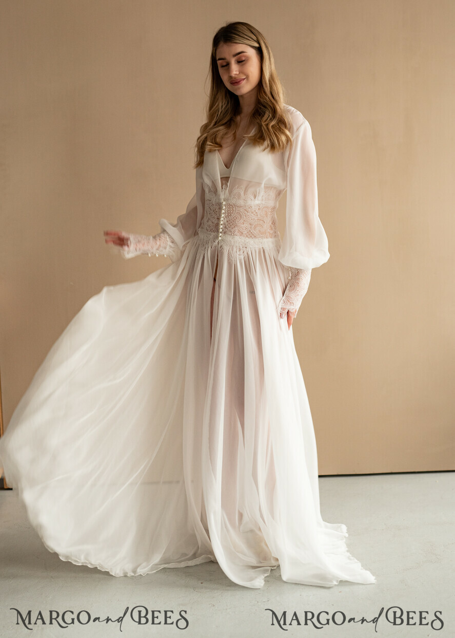 BRIDE bolero, robes, garter Bridal Robes Bridal robe for wedding with wide sleeves, Muslin Lace Bride robe , Long white or ivory robe Lace Silk boudoir robe Dressing gown Bridesmaid gift