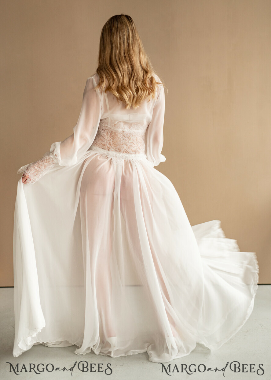 BRIDE bolero, robes, garter Bridal Robes Bridal robe for wedding with wide sleeves, Muslin Lace Bride robe , Long white or ivory robe Lace Silk boudoir robe Dressing gown Bridesmaid gift