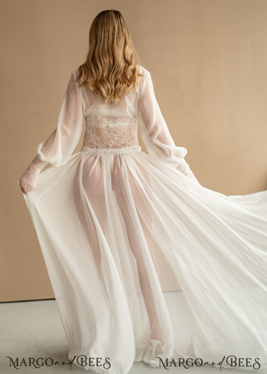 BRIDE bolero, robes, garter Bridal Robes Bridal robe for wedding with wide sleeves, Muslin Lace Bride robe , Long white or ivory robe Lace Silk boudoir robe Dressing gown Bridesmaid gift