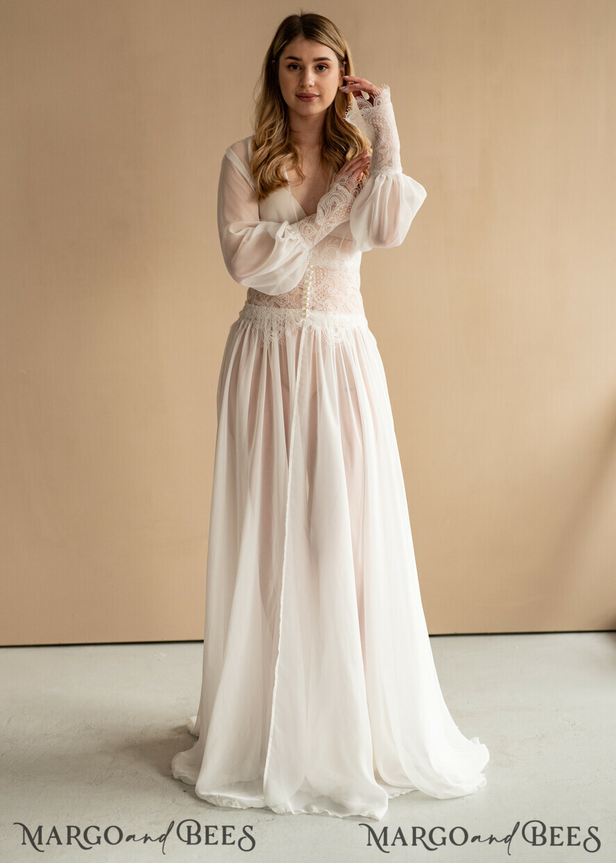 BRIDE bolero, robes, garter Bridal Robes Bridal robe for wedding with wide sleeves, Muslin Lace Bride robe , Long white or ivory robe Lace Silk boudoir robe Dressing gown Bridesmaid gift