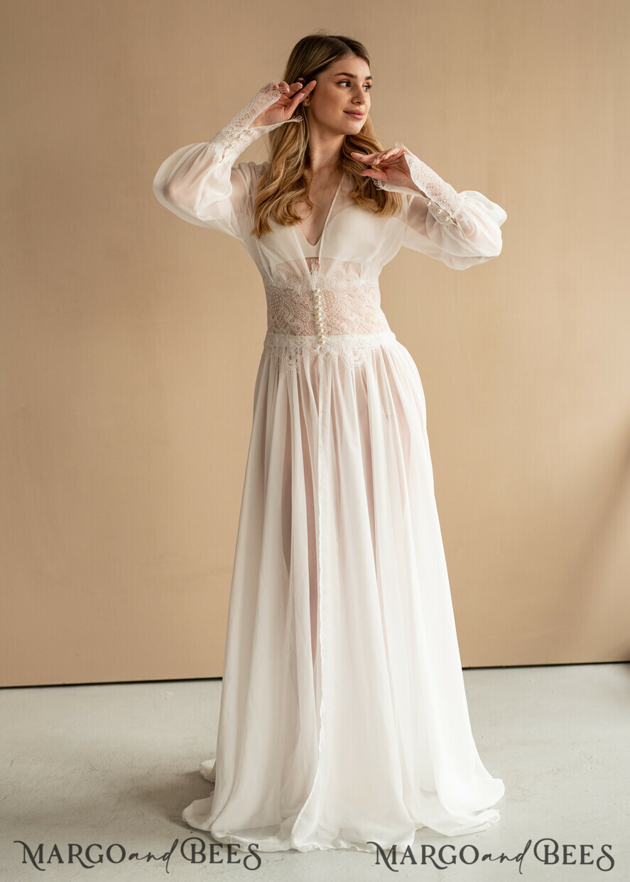 BRIDE bolero, robes, garter Bridal Robes Bridal robe for wedding with wide sleeves, Muslin Lace Bride robe , Long white or ivory robe Lace Silk boudoir robe Dressing gown Bridesmaid gift